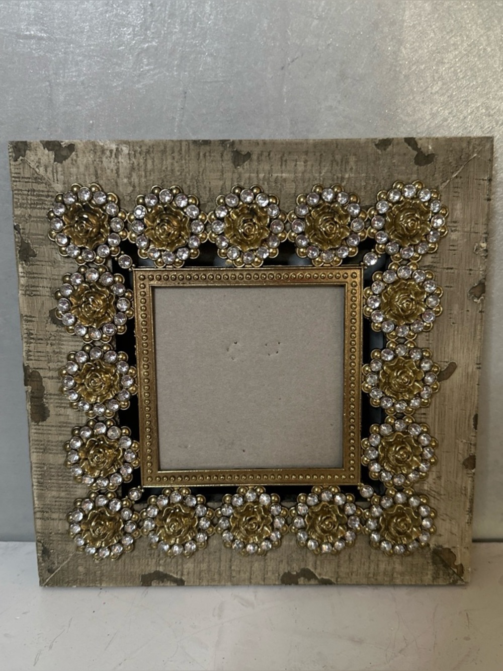 Kirkland's FITS 4×4. Distressed Wood Photo Frame RHINESTONE Rosettes